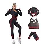 Veriliss Damen 3teiliger Trainingsanzug Nahtlose Yoga-Leggings und Stretch-Sport-BH-Fitness-Set Jogginganzug Reißverschluss Kapuzen Trainingsanzug Set Fitness Jogging Tennis Laufen (Schwarz Rot,M)