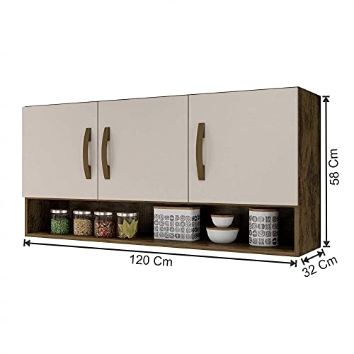 Armário Aéreo de Cozinha 3 Portas 1 Nicho Arte Móveis Ipê/off White