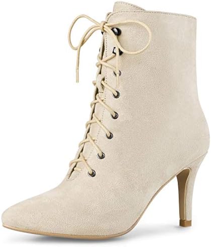 Allegra K Women's Pointy Toe Zip Lace Up Stiletto Heel Beige Ankle Boots 9 M US