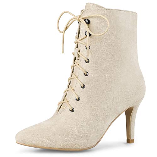 Allegra K Women's Pointy Toe Zip Lace Up Stiletto Heel Beige Ankle Boots 9 M Us #TOP5