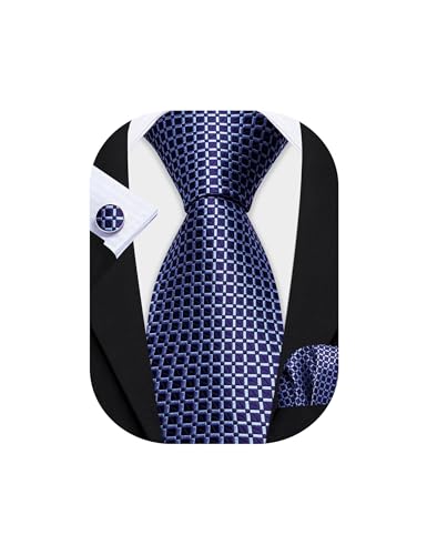 Image of Barry.Wang Mens Tie Set Plaid Check Neckties Formal Business Wedding Luxury Pocket Square Cufflinks
