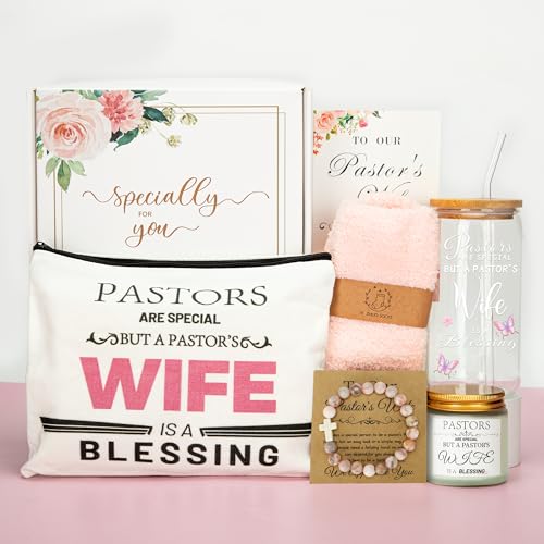 Pastor Wife Appreciation Gifts, 7 Pcs Pastors Wife Gifts for Women with 16oz Glass Cup, Lavender Candle, Fuzzy Socks, Cross Bracelet, Makeup Bag & Thank You Card for Birthday Retirement Anniversary