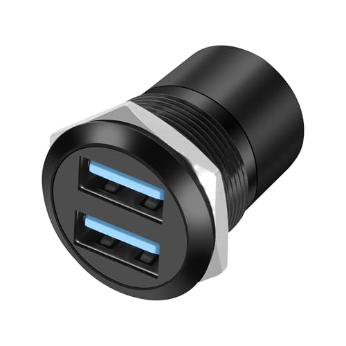 XMSJSIY USB 3.0 Panel Threaded Fixed Mount Adapter Dual USB Type-A Panel Mount Socket Female to Female with Anti-loosening Gasket 2-port Type-A Through Connector For Data Transfer/Charging (Round)