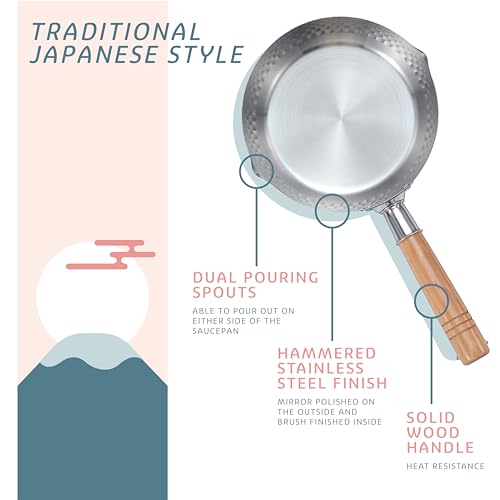 Image of (1 PC) - CONCORD 1.9l Stainless Steel Yukihira Pan. Traditional Japanese Saucepan with Wood Handle. Great for Ramen, Tempura, Milk, etc.