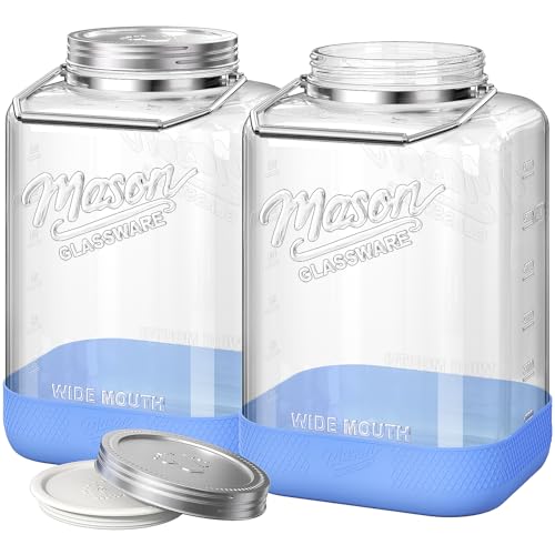 Image of 2 Gallon Glass Jars with Metal Lid, Large Mason Jars, 4.3" Wide Mouth, 2PCS | Silicone Seal, Handle, Non-Slip Base, BPA-Free, Scale Mark, Square, Food Storage Containers for Kombucha, Flour and Sugar