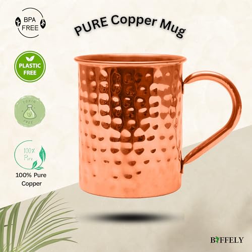 Image of Copper Mules PURE Copper Mug RAW Cups Interior Ideal for Ayurvedic Health Benefits and Moscow Mules - Hand Hammered Finish - Authentic and Strong Riveited Handle - Holds 16oz