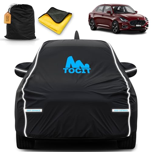 Image of Tocit Waterproof Long Life Car Cover with Safety Glow Reflective Strap, Premium Stretchable Velvet Velour Fabric, Machine Washable, Tri-Stitch Custom Fit with Mirror & Antenna Pocket