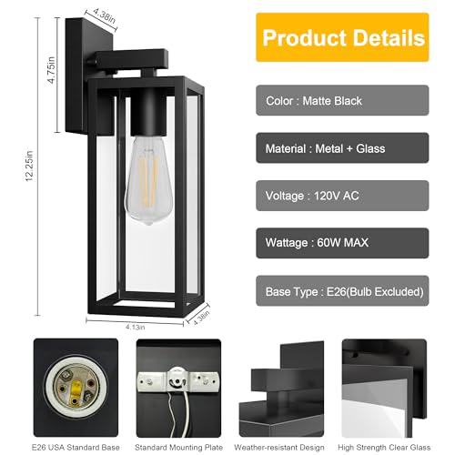 Image of Kalium Porch Lights Outdoor Wall Light Fixture 2pcs, Matte Black, Wall Sconce 12.4 in, Toughened Frame, Clear Glass Shade, Waterproof Lanterns, for Patio, Exterior, Front, Door, Entryway