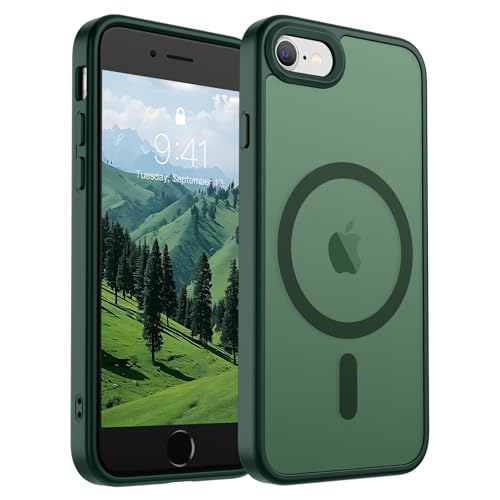 Image of SUPFINE Magnetic for iPhone SE Case 2022 (3rd) /2020 (2nd), iPhone 8 Case (Compatible with MagSafe) (Military Grade Drop Protection) Slim Translucent Matte Phone Case, Forest Green