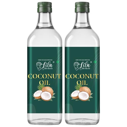 Image of LILA DRY FRUITS Pure Coconut Oil 1 Litre 1.5 L (500 ML x 2) for Cooking & Eating | Edible Cold Pressed Oil for Daily Use | Kachi Ghani Lightweight Natural Cholesterol Free Nariyal ka Tel for Indian Food, Baking & Frying
