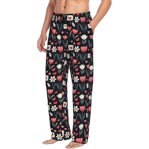 Mens Pajama Pants - Floral Heart Envelope Print Soft Sleep Lounge Pants For Men, Casual Pj Bottoms With Pockets