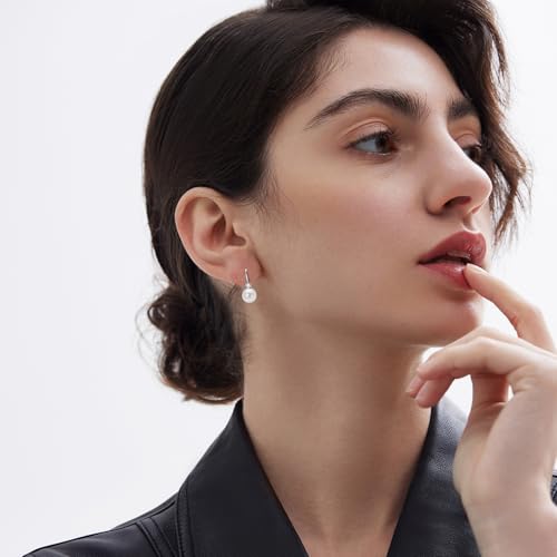 Pearl Hoop Earrings for Women, Sterling Silver Freshwater Cultured White Pearl Drop Dangle Earring Wedding Jewelry Gifts for Bride4