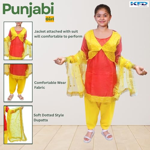 Image of Kaku Fancy Dresses Punjabi Girl Ethnic Costume for Kids - Red & Yellow Salwar Suit Dress with Dupatta | Indian State Fancy Dress for Girls (14-17 Years)