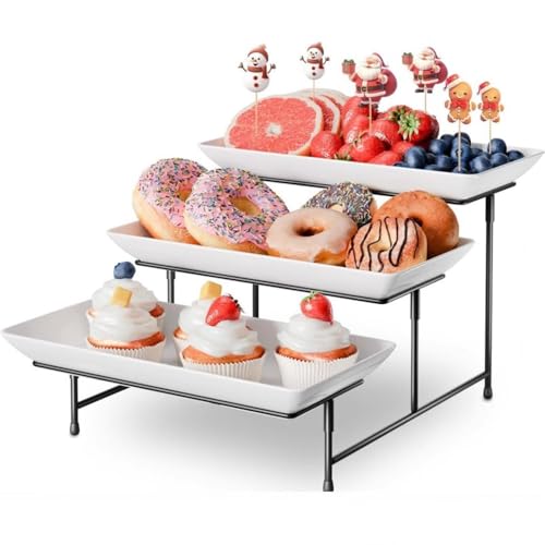 3 Tier Serving Trays, Tiered Serving Platters, 12 Inch Tiered Tray Stand, Metal Display Stand, for Food, Cookies, Veggie, Dessert, Fruit (Black)