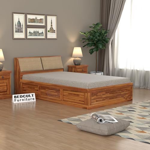 Image of Solid Sheesham Wood Armania Single Size Bed with Hydraulic Storage Bed for Bedroom Living Room Solid Wooden Furniture Bed for Home Hotels -(Natural Finish) 1 Year Warranty (Natural)
