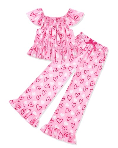 WESIDOM Girls Clothes 5T 6T Girl Spring Summer Outfits Short Flying Sleeve Top + Printed Ruffle Hem Pants 2 Piece Size 5T 6T Toddler Clothing Set (Pink, 5-6 Years