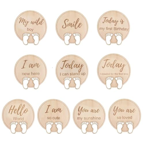 SacJkt Meilensteinkarten Baby Holz, Meilensteine Baby, 10 Stück Meilenstein-Karten mit Babyfüßchen, ideales Fotoprop für Neugeborene