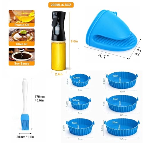 Image of Air Fryer Accessories Combo Kit - Silicone Air Fryer Liners Set, 200ml Oil Spray Bottle, Silicone Brush, Spatula & Heat Resistant Grip | Reusable Non-Stick Air Fryer Kitchen Tools (10 pcs)