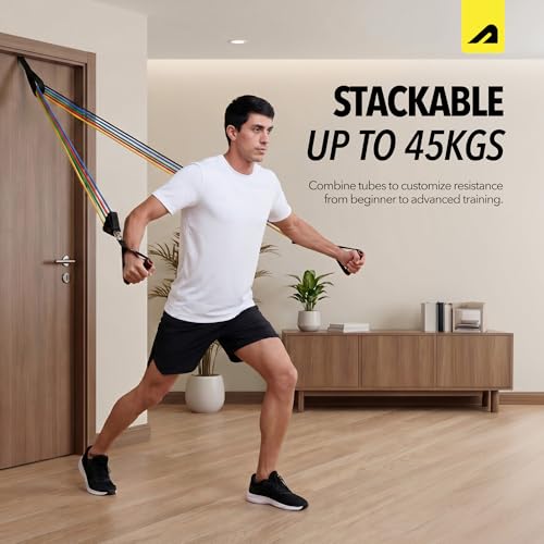 Image of Boldfit Resistance Band Set with Handles, Portable Toning Tubes with Door Anchor & Foam Handles. Resistance Tube Kit with Bag and Ankle Straps Included. (11 Pieces Tube Set), Multicolor, L