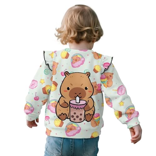 Capybara Sweatshirt Cute Crewneck Tee Tops for Toddler Girl 1Y-8Y Long Sleeve Shirt Ruffle Shoulder Fall Clothes3