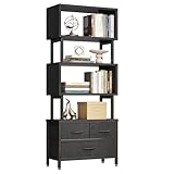 Casaottima 7 Tier Bookshelf, Tall Geometric Bookcase with Fabric Drawers, Modern Display Book Shelves Book Case for Living Room Bedroom, Wood Decorative Standing Shelving Unit for Home Office, Black