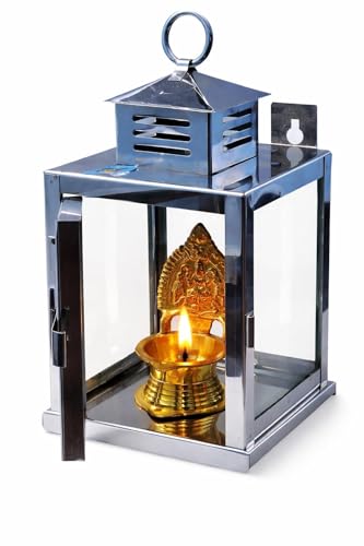 Image of Nakshathra Stainless Steel Wall Mounted Oil Lamp with Glass Cover, Deepam Lid, Windproof Hanging Diya Lantern for Home & Temple Pooja, Ideal for Decorating Indoor Outdoors (Medium)