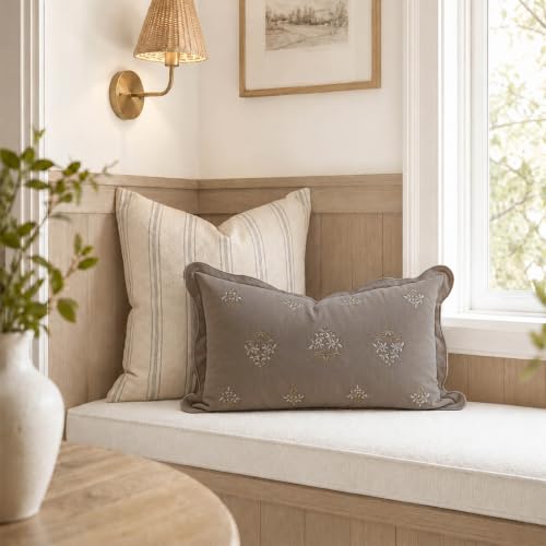 BlissBlush Lumbar Pillow Cover 12x20, Taupe Velvet Decorative Lumbar Pillow Cover, Floral Accent Cushion Cover with Embroidery and Scalloped Edge for Couch Sofa Bed, Cover ONLY - image 8