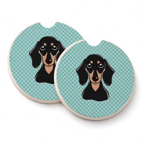 Caroline's Treasures BB1153CARC Checkerboard Blue Smooth Black and Tan Dachshund Set of 2 Cup Holder Car Coasters Absorbent Sandstone Coasters for Car Cup Holders Gifts for Men or Women, Large, Multic