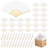 Aneco 50 Pieces Silk Hand Bamboo Folding Fans Handheld Fan with Storage Basket and Organza Bags Foldable Hand Fans for Guests Wedding Decorations Bridal Shower Party Favor DIY Home Decor, White
