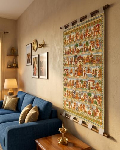 Image of Tushaco Handicrafts Hanuman Chalisa Phad Painting Canvas Painting Scroll (Design 1) Wall Painting, Home Decor, Wall Art, Decoration- 34Inches x 24Inches