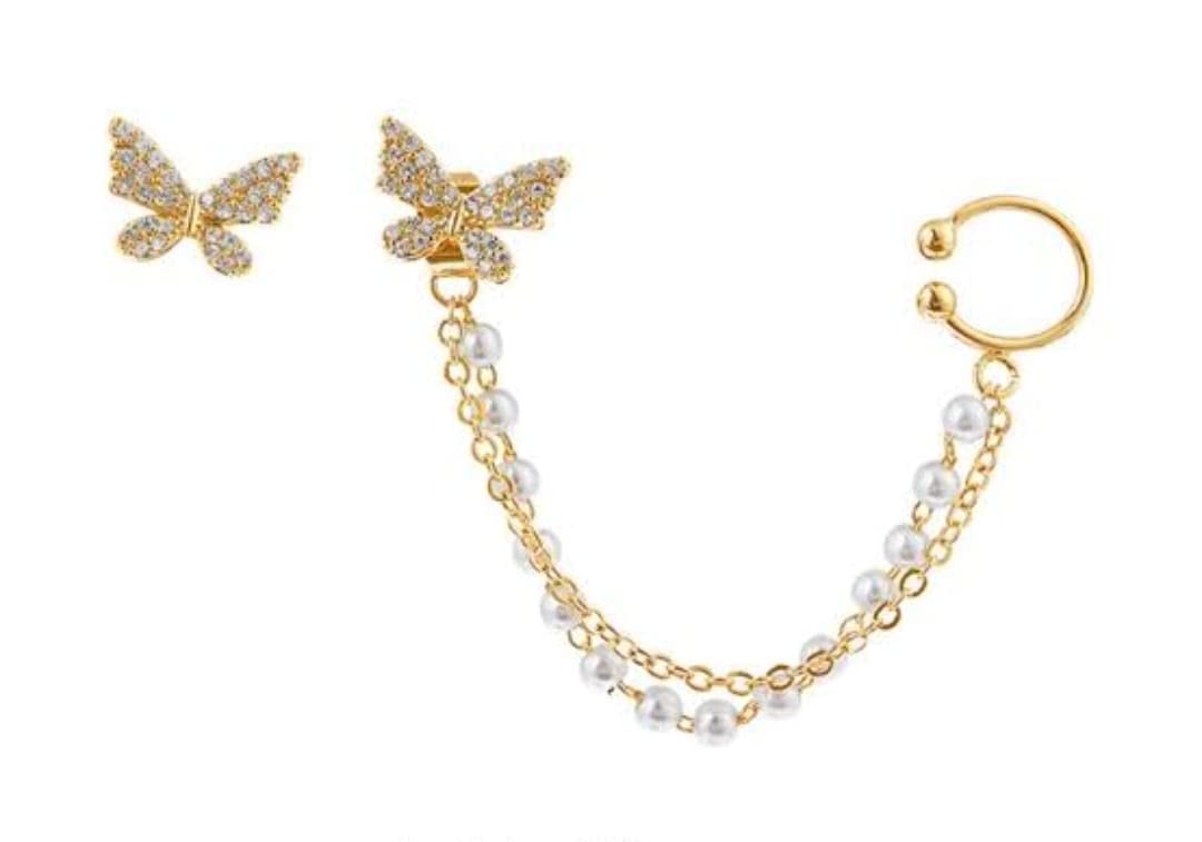Trendy Butterfly Gold Plated Taseel Chain cuff Pearl Earrings Butterfly Studs With Pearl Chain Ear Cuff Earrings For Women And Girls (B0BJQ3TL58) Amazon Price History, Amazon Price Tracker