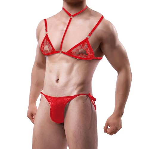JIAHG Herren Spitze Dessous Set Sissy Panties mit BH Tops Sexy Mesh Unterwäsche Kostüm Outfit Bikini Set Schlafzimmer Rollenspiel Nachtwäsche (Rot)