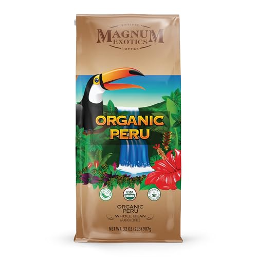 Magnum Exotics Organic Peru Blend Whole Bean Coffee - Coffee Beans Medium Roast, Caffeinated, Roasted Bulk Brew, Rich & Smooth Flavor, Fresh Roast -32 oz (2 lb) Bag