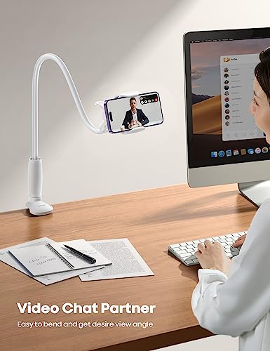 Image of Lamicall Gooseneck Phone Holder for Bed, Stable Flexible Arm Stand for Desk | Upgraded Al-Mg Alloy Core, Secure Clamp Base, 33.4 inch Long Arm, Hands-Free Viewing, Bedside & Desk Use, Fits 4-7 inch Phones, White