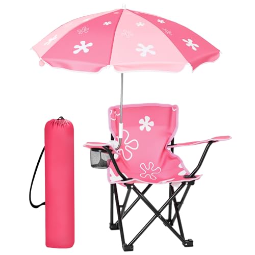 Burbell Outdoor Toddler Camping Chair with Umbrella Foldable Beach Chairs for Kids Waterproof Lawn Kids Folding Chair for Outside Beach Travel (Flower)