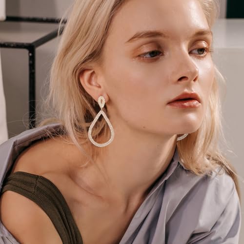 ATIMIGO Rhinestone Statement Dangle Earrings CZ Teardrop Drop Earrings Geometric Party Prom Earrings Silver/Gold for Women Girls2
