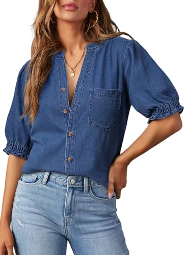 Dokotoo Denim Shirt Women Business Button Down Short Sleeve V