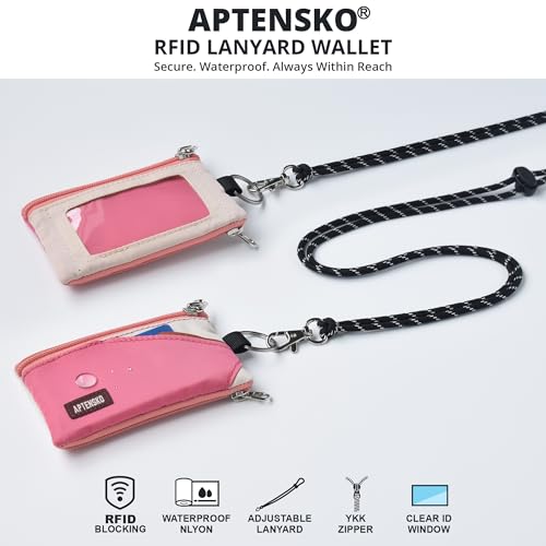 Image of RFID Blocking Travel Wallet with Adjustable Lanyard, Small Nylon Zipper Pouch and Badge Holder for ID, Credit Cards, Cash, Keys, Commuters (Pink+Almond)
