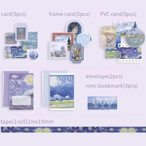 Image of VIBE VISTA Vintage Aesthetic Scrapbook Kit,346 Pcs,A6 Grid Notebook,Washi ,Envelopes,Scrapbook Papers,Folding Labels,Background Papers,Photo Frames,Calendar Stickers,Stickers (The Starry Night)