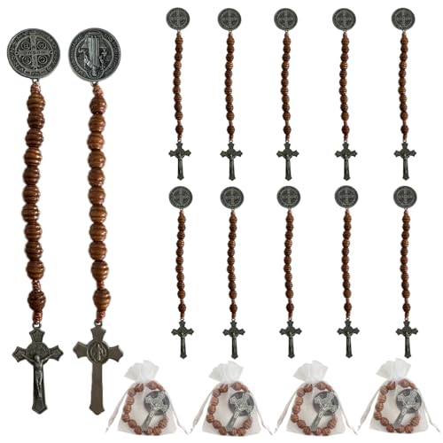 Image of Bovemee Saint Benedict Medal Prayer Pocket Rosary Catholic Brown Wood Beads with Medalla de san benitol and Crucifix, 9 Inch