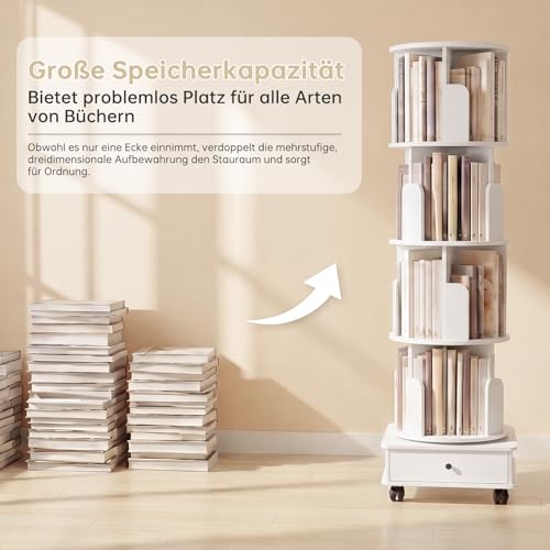 Nordivale Drehbares Bücherregal 360° Frei, Bücherregal Drehbar Weiß, Bücherregal Kinder mit rollbar & extra Unterschublade, für Wohnzimmer… – Ansicht 2