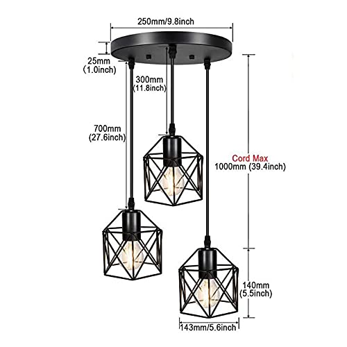 Chandelier à cage rétro industriel en métal noir à 3 lampes E27