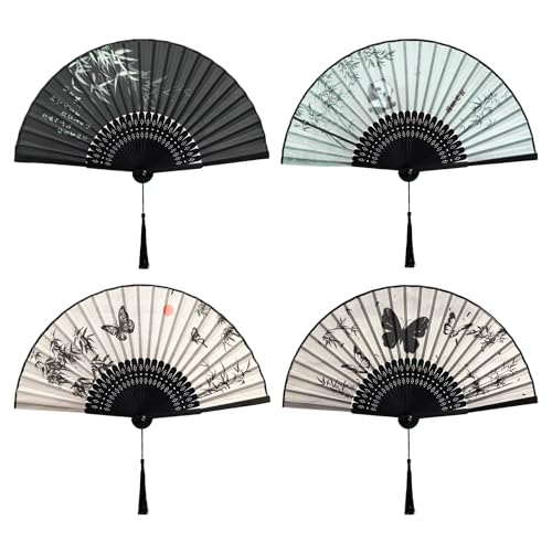 Yookat Handheld Fan 4 PCS Hand Fan Chinese Folding Fan Bamboo Silk Fan Foldable for Men Women