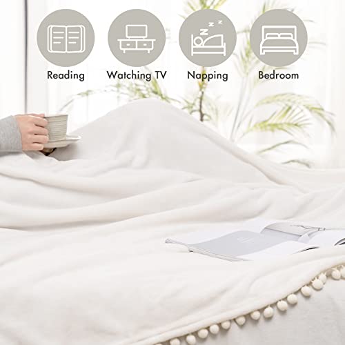 Miulee Fleece Blanket With Pompom Fringe, Soft Cozy Lightweight Flannel Bed Blanket Fuzzy Plush Warm Blanket With Boho Decorative Tassel For Couch Sofa, Throw Size 50"X60", Cream White #TOP4