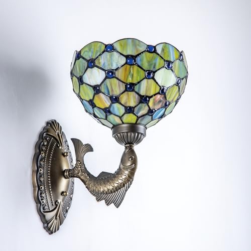 Image of Tiffany Wall Sconce 8 inch Gradient Green Stained Glass Wall Light Antique Bronze Vintage Art Deco Wall Lamp for Bedroom Hallway Living Room Home Office