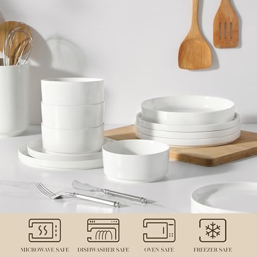 MALACASA Servizio di Piatti in Porcellana per 6 Persone, 24 Pezzi con Piatti Piani ∅ 26 cm e Piatti da Dessert ∅ 21 cm, Ciotole per Cereali da 760 ml e per Pasta da 1240 ml, Colore Bianco, Serie LEAH - immagine 5