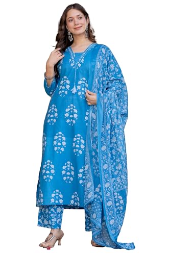 Image of PARTHVI Women's Pure Cotton Printed Straight Kurta Set with Palazzo Pants & Dupatta- Ethnic Wear, Green