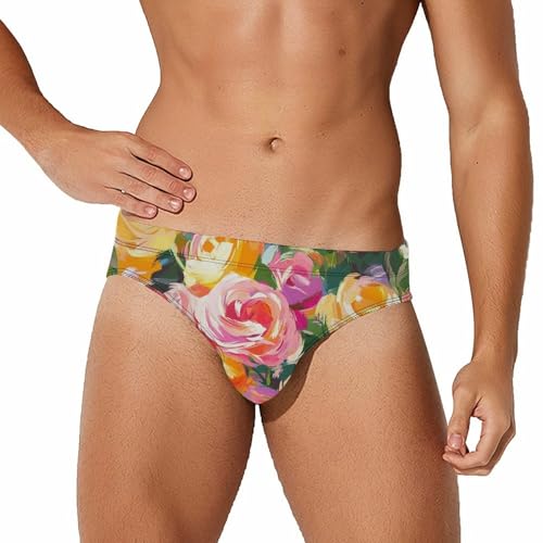 Watercolor Rose Pattern Mens Swim Briefs Sexy Bikini Swimwear Bathing Suits Trunks