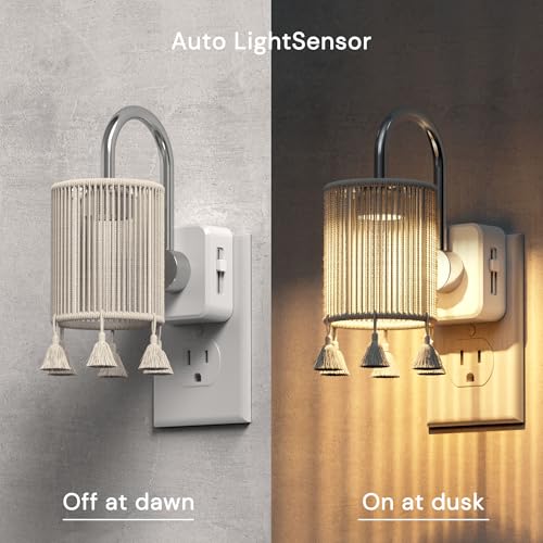 Image of L LOHAS LED Night Lights Plug into Wall, Boho Fabric Cylinder Night Light with Tassel, 0-100LM Dimmable Night Lights, Dusk to Dawn Sensor, Vintage Nightlight for Bedroom, Living Room, Hallway