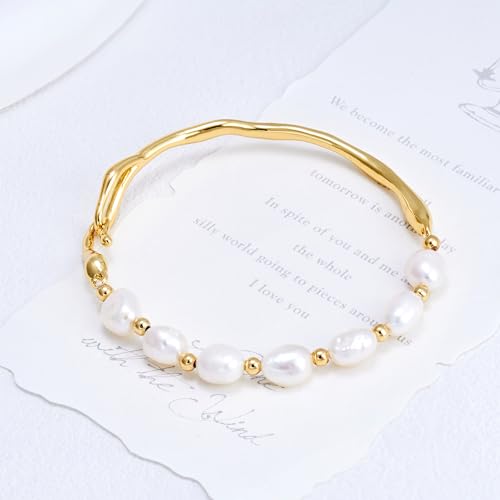 White Freshwater Pearl Bangle Bracelet for Women 18k Gold Plated Dainty Cuff Bangle Hook Bracelet Pearl Beaded Chain Bracelet Ideal Jewellery Gift for Girlfriend Mother3